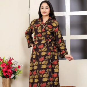 Beautiful Hand Block Jahota Printed Cotton Fabric Kimono With Belt Tie Front Pockets Long Sleeve Maxi Standard Bathrobe