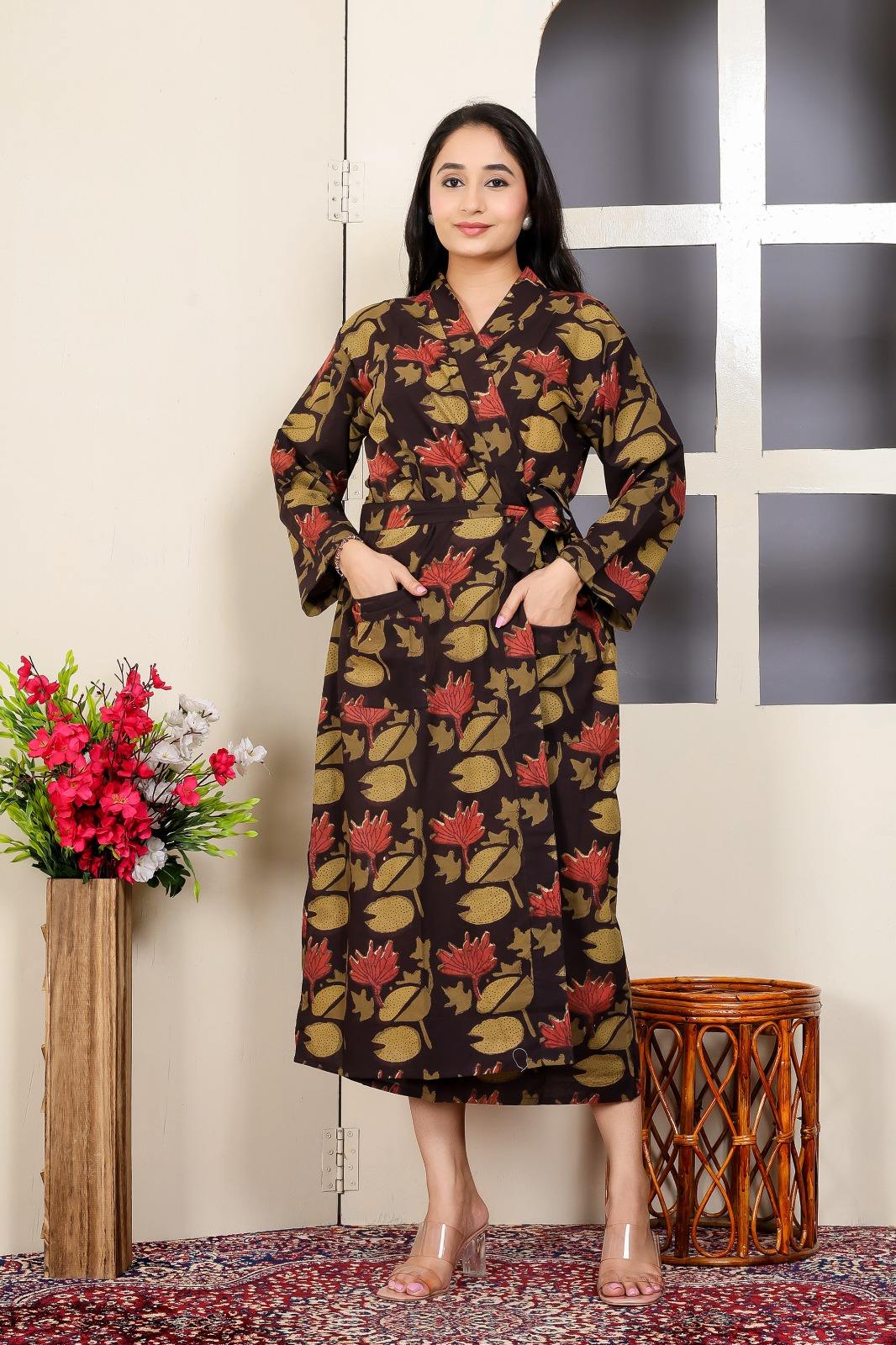 Beautiful Hand Block Jahota Printed Cotton Fabric Kimono With Belt Tie Front Pockets Long Sleeve Maxi Standard Bathrobe - Image 3