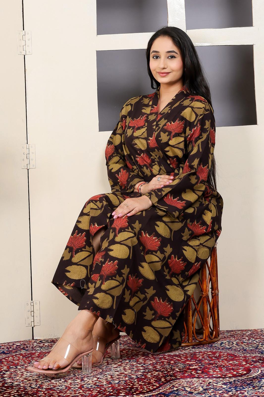 Beautiful Hand Block Jahota Printed Cotton Fabric Kimono With Belt Tie Front Pockets Long Sleeve Maxi Standard Bathrobe - Image 4