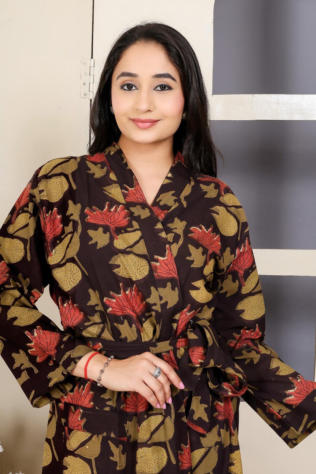 Beautiful Hand Block Jahota Printed Cotton Fabric Kimono With Belt Tie Front Pockets Long Sleeve Maxi Standard Bathrobe - Image 5