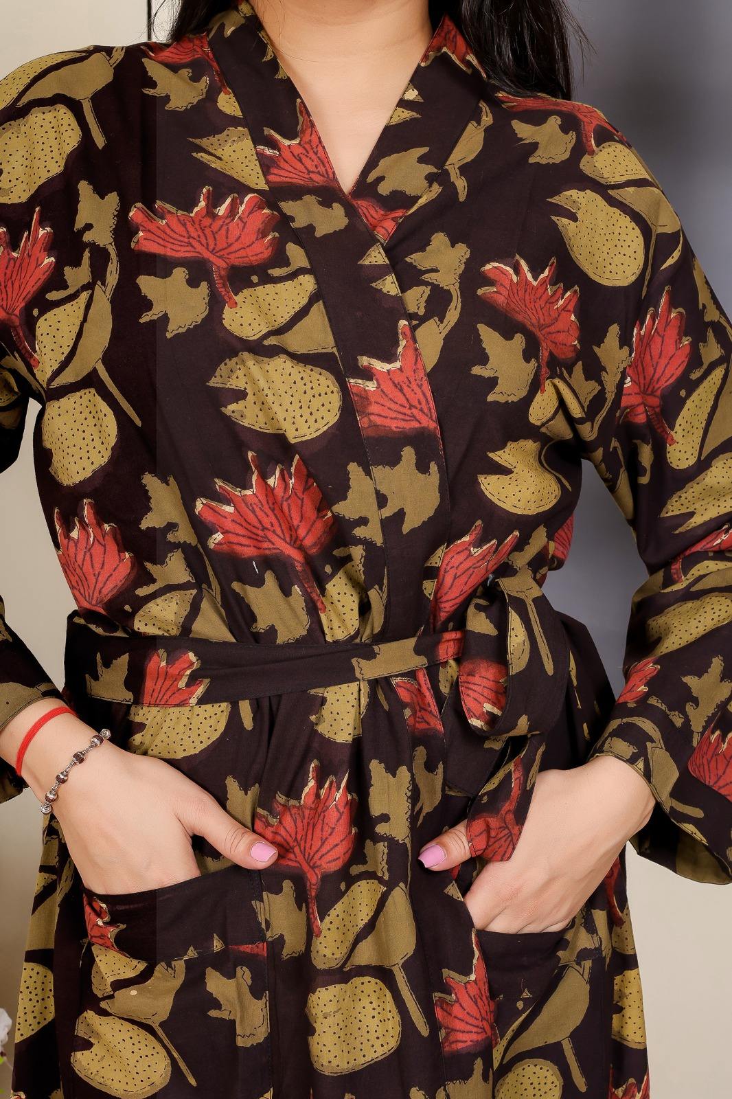 Beautiful Hand Block Jahota Printed Cotton Fabric Kimono With Belt Tie Front Pockets Long Sleeve Maxi Standard Bathrobe - Image 6