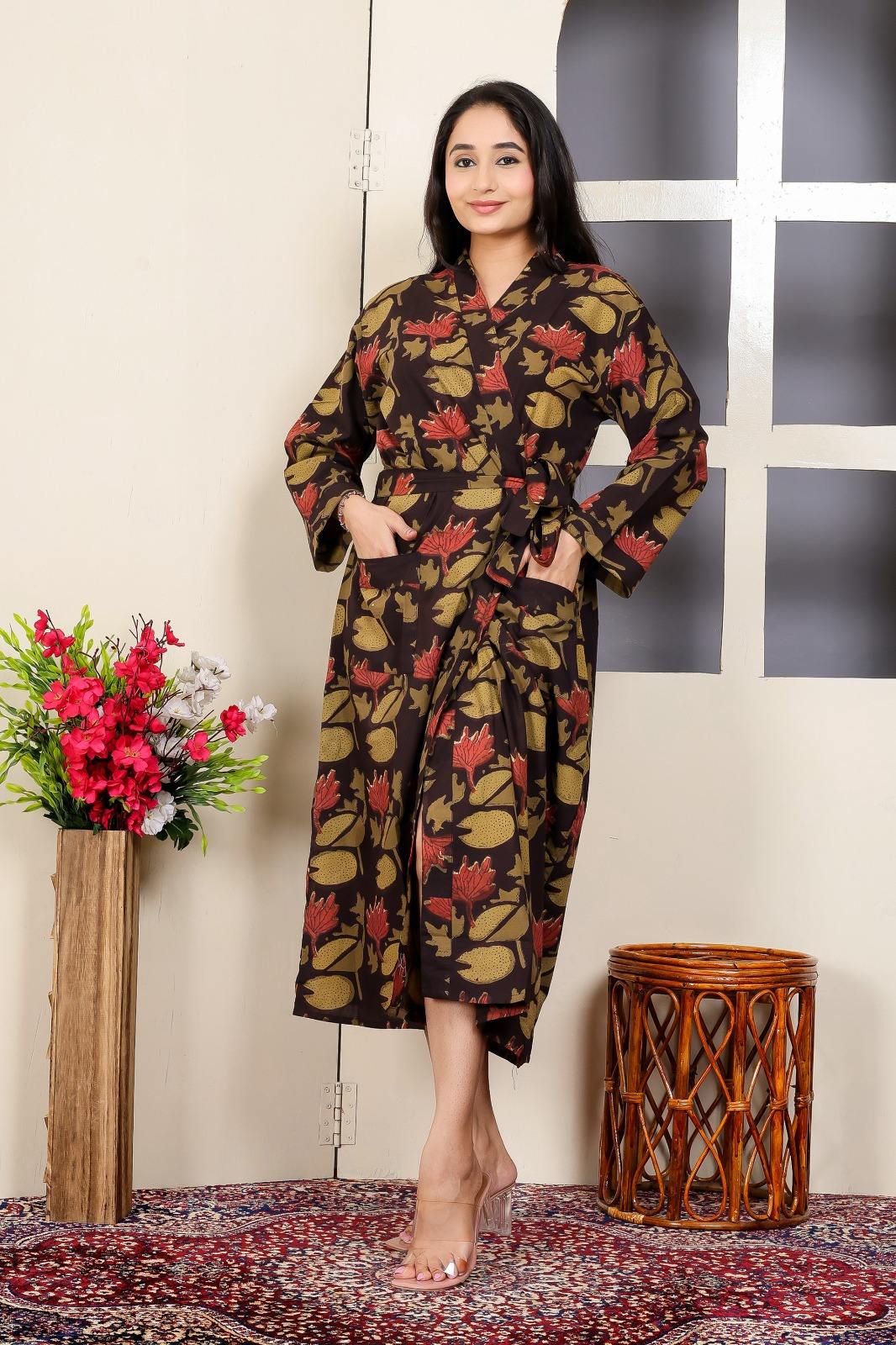 Beautiful Hand Block Jahota Printed Cotton Fabric Kimono With Belt Tie Front Pockets Long Sleeve Maxi Standard Bathrobe - Image 7