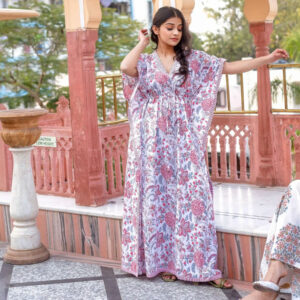 Indian Cotton Modest Floral Embroidery Kaftan Maxi Dress for Winter/Spring Beach Cover-Up