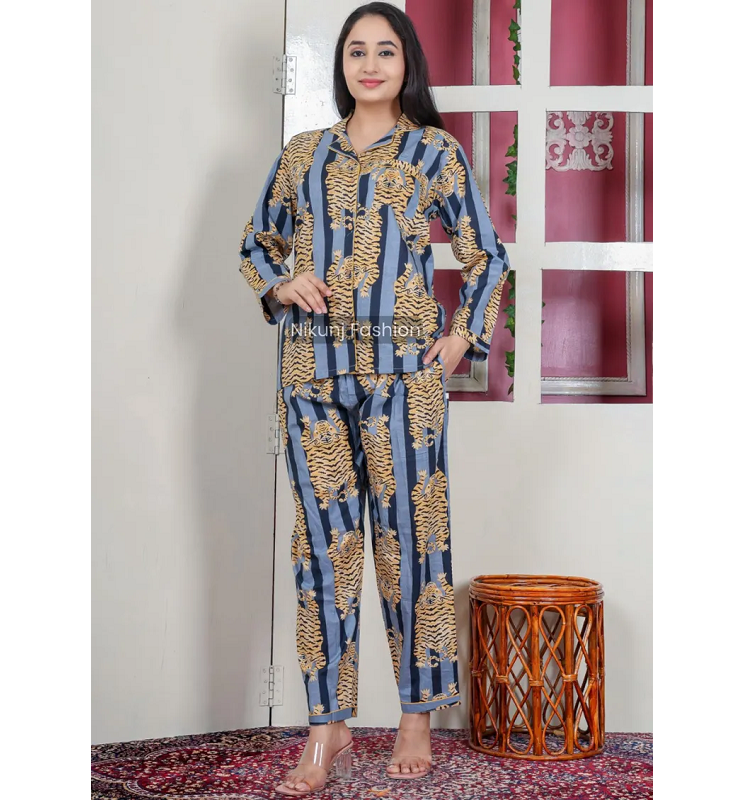 Soft Cotton Printed Pajama Set For Women Includes Button Down Top And Comfy Elastic Pants Ideal For Relaxed Night Sleepwear
