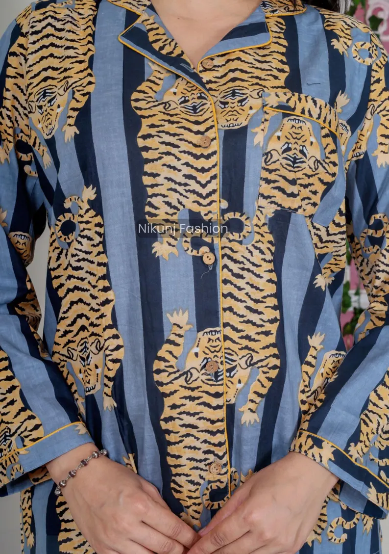 Soft Cotton Printed Pajama Set For Women Includes Button Down Top And Comfy Elastic Pants Ideal For Relaxed Night Sleepwear - Image 3