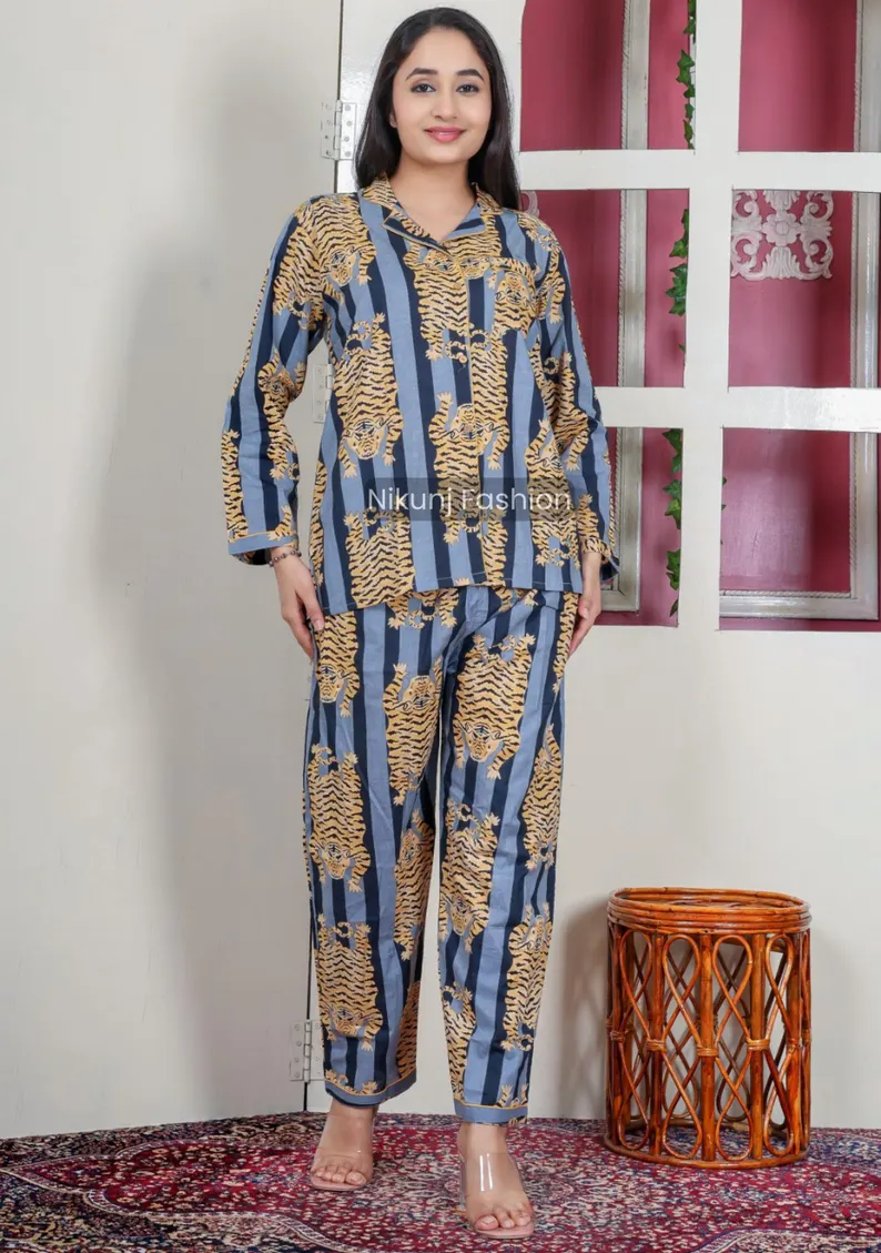 Soft Cotton Printed Pajama Set For Women Includes Button Down Top And Comfy Elastic Pants Ideal For Relaxed Night Sleepwear - Image 4