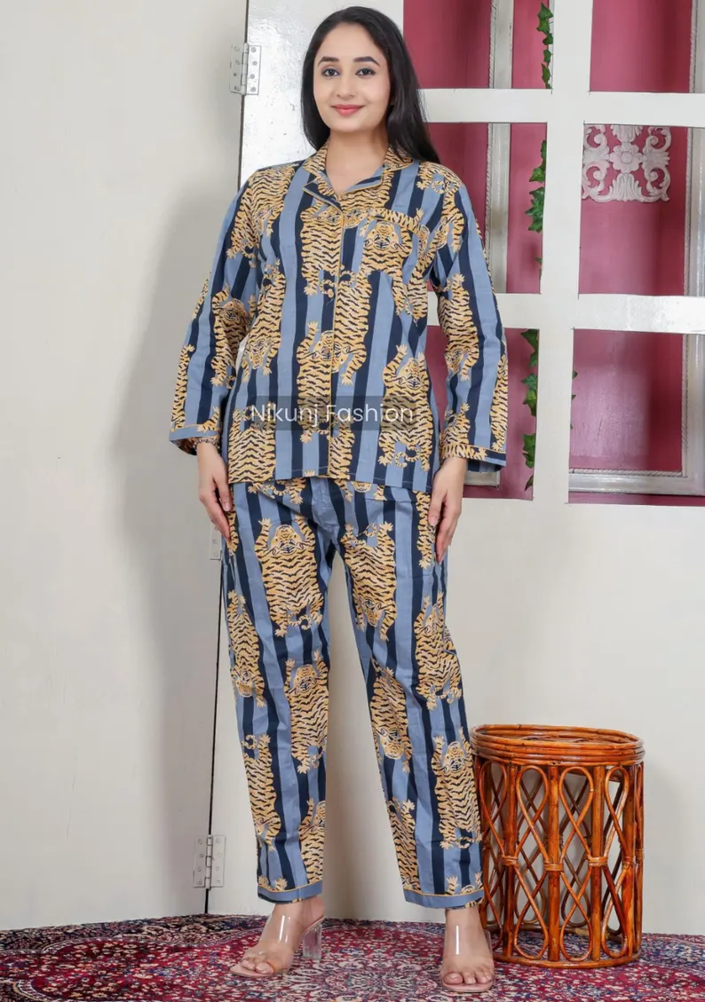 Soft Cotton Printed Pajama Set For Women Includes Button Down Top And Comfy Elastic Pants Ideal For Relaxed Night Sleepwear - Image 5